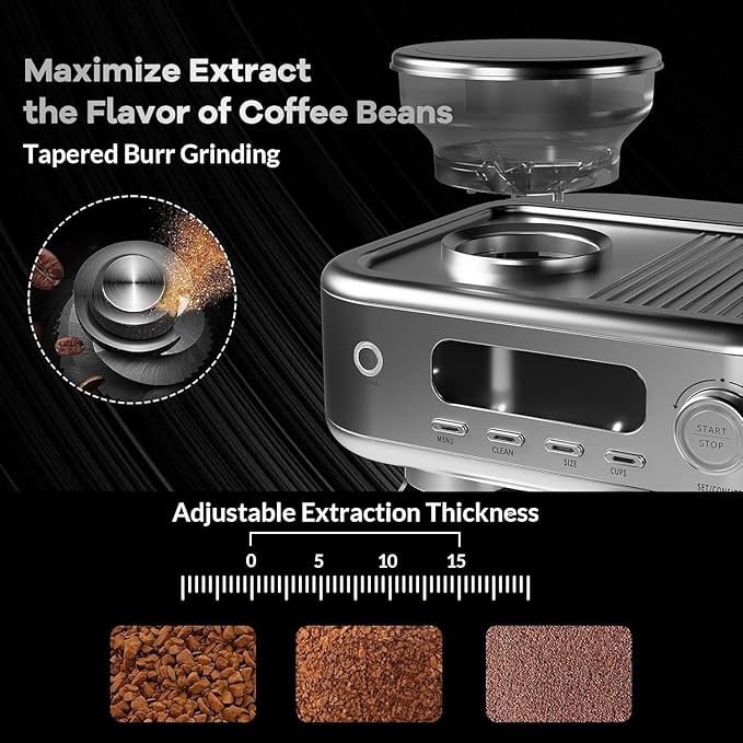 Espresso Machine With Grinder15 Bar Espresso Coffee Machine With LCD Smart Screen and PID Temperature Control for Cappuccino/Latte Stainless Steel