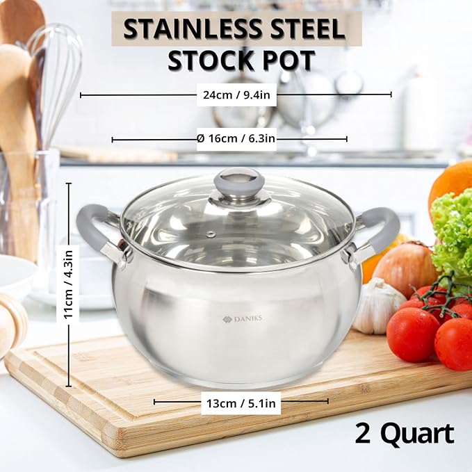 Daniks Modern 2 Quart Stainless Steel Stock Pot with Glass Lid Tri-Ply Bottom for Even Heating Induction Compatible Dishwasher Safe Heatproof Handles
