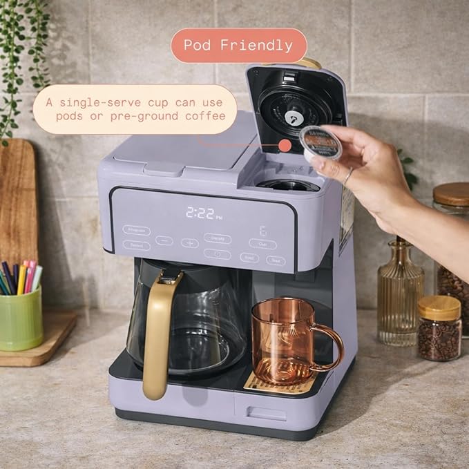 Multi Brew Coffee Maker with Single Serve and Carafe Brewing Options for Countertop Home Use (Lavender)