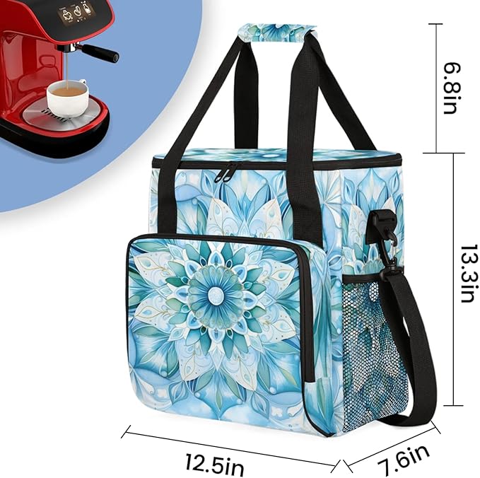 Abstract Flower Pattern Coffee Maker Travel Bag for Keurig K-Mini/K-Mini Plus Insulated Waterproof Tote with Pockets for K-Cup Portable Single-Serve Brewer Case