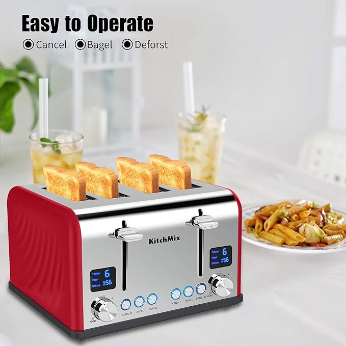Toaster 4 Slice KitchMix Bagel Stainless Toaster with LCD Timer Extra Wide Slots Dual Screen Removal Crumb Tray (Red)