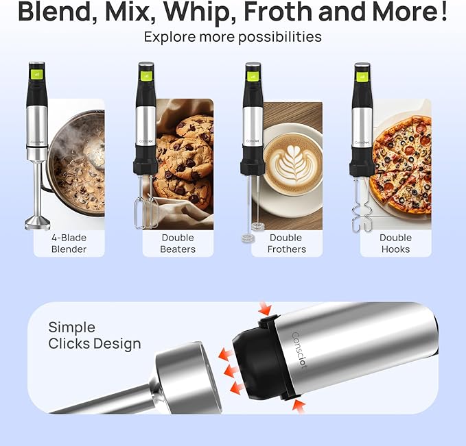 Consciot 4-in-1 Immersion Blender Handheld Max 1100W Corded Stick Emulsifier with Entire Stainless Steel Blender Shaft Trigger Speed Control For Blending Beating Frothing Mixing &amp More Non-