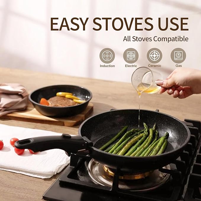 Nonstick Ceramic Cookware Set 21PCS with Detachable Handle Pans and Pots Set RV Kitchen Set Cookware Set Pan Pots with Removable Handles Oven Safe Induction Ready(Black)