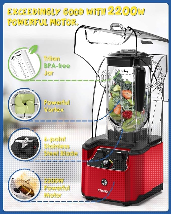 CRANDDI Quiet Commercial Blender with Soundproof Shield 2200 Watt Professional Blenders for Kitchen with 80oz Pitcher and Self-Cleaning High-Speed Blenders K90 Red