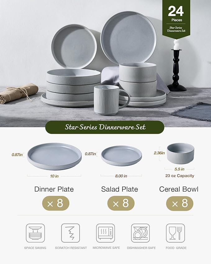 Famiware Star Dinnerware Set Plates and Bowls Sets for 8 (24pcs) Ribbed Stoneware Dishes - Chip &amp Scratch Resistant Microwave &amp Dishwasher Safe Matte Gray