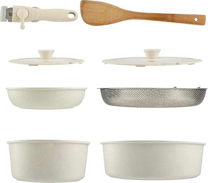 8-Piece Pots and Pans Set - Nonstick Cookware Set with Detachable Handle Lids Spatula and Steam Pan - Kitchen Essentials by Home-Complete (Cream)