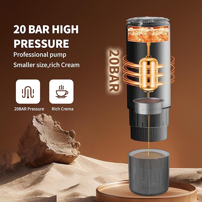 Stainless Steel Portable Espresso Maker – 20Bar 7500mAh Rechargeable 3-in-1 for Nespresso/DG Capsules &amp Ground Coffee Self-Heating Best Value for Camping Car Travel (Black)