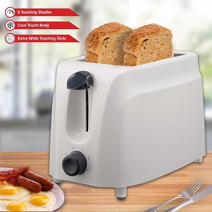 Cool Touch 2-Slice Toaster with 6 Browning Settings Auto-Centering Guides Crumb Tray &amp High Lift – White Compact Toaster for Bread Pastries and Waffles