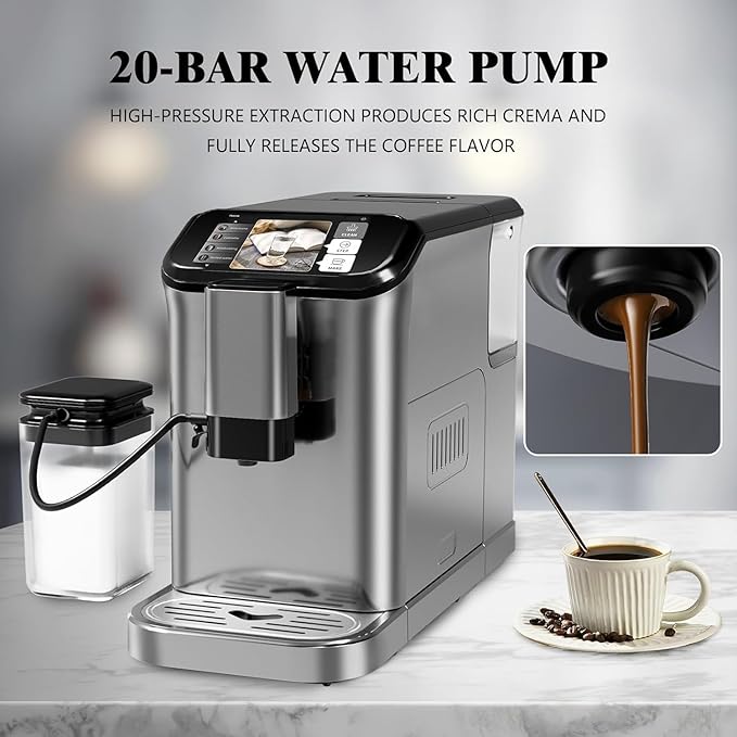 Fully Automatic Espresso Coffee Machine With Touch Screen20 Bar Espresso Machine With Automatic Milk Frothing and Adjustable Espresso Bean Grinder 1.5L Serve Coffee Maker for Home