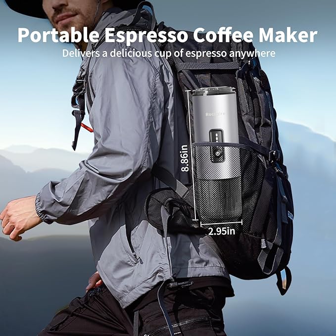 Portable Espresso Maker with Stainless Steel Body | 7500mAh Rechargeable Battery | 20 Bar Self-Heating with USB-C | Works with Most Capsules Compatible for Camping Travel Outdoor (Silvery)