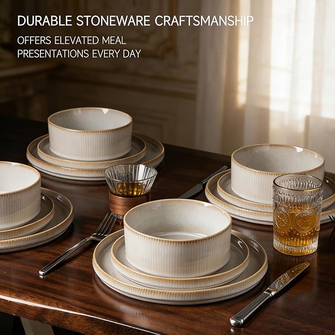 Stoneware Dinnerware Sets for 4 Stoneware Plates and Bowls Set 12-Piece Ribbed Dishes – Chip &amp Scratch Resistant Microwave and Dishwasher Safe Tableware Warm White