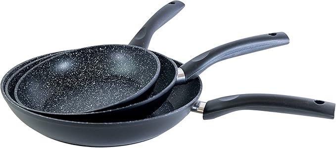 Set of 3 Frying Pans 20 24 28 mm + 2 Saucepans 18.3 cm Stone Style Exterior Black