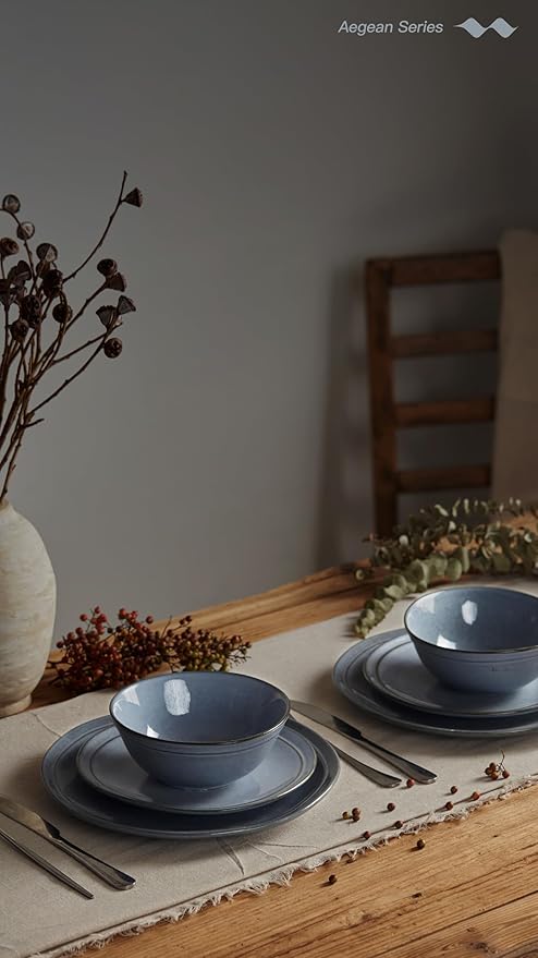 Famiware Aegean Stoneware Dinnerware Set for 8 Plates and Bowls Sets 24 Pieces Scratch Resistant Dinner Set Handmade Irregular Round Dishes - Microwave and Dishwasher Safe Blue Grey