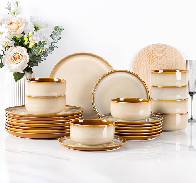 LERATIO Ceramic Dinnerware Sets for 8Plates and Bowls SetsReactive Glaze Dishes SetHighly Chip and Crack Resistant | Dishwasher &amp Microwave &amp Oven Safe Dishes setService for 8-Kahki (24pc)