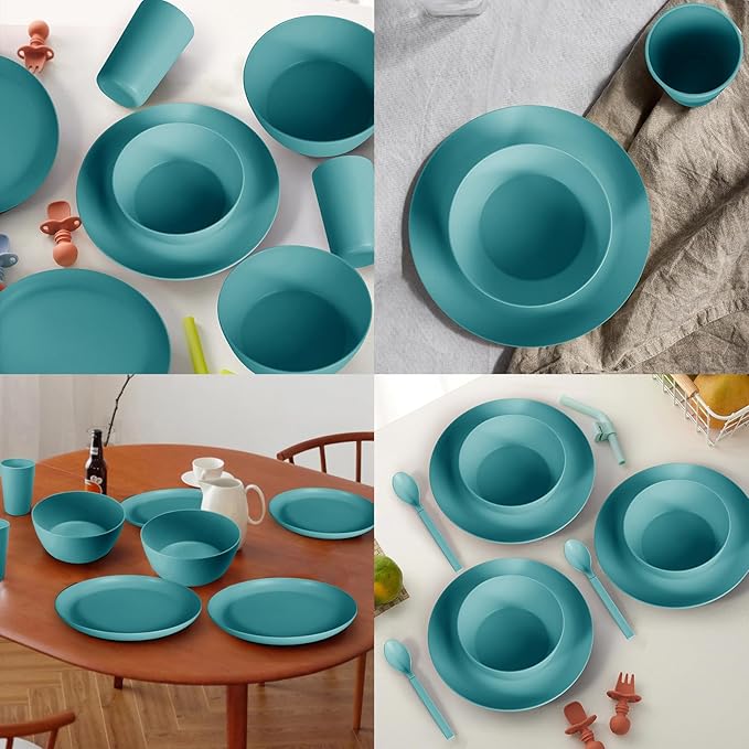 24pcs Wheat Straw Dinnerware Sets Wheat Straw Plates and Bowls Sets for 4 Microwave Dishwasher Safe Lightweight （Green）