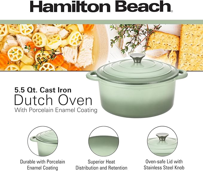 Hamilton Beach Enameled Cast Iron Dutch Oven 5.5-Quart Sage Cream Enamel Dutch Oven Pot with Lid