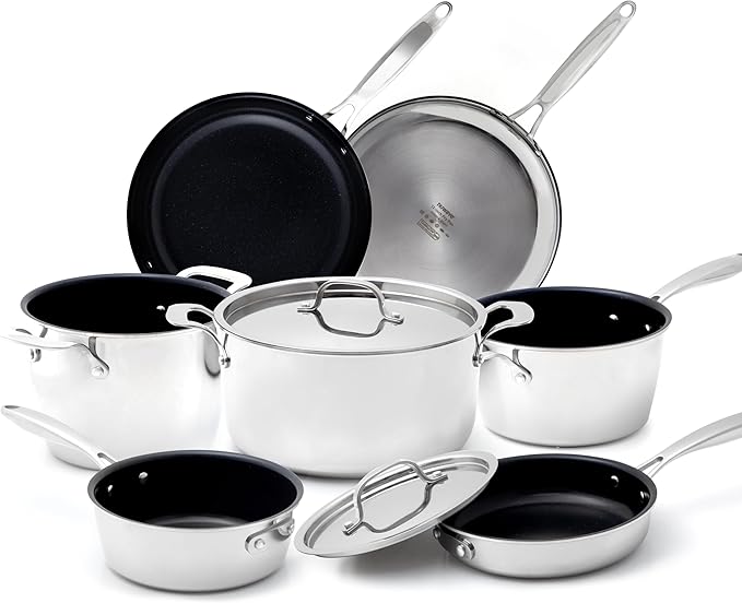 Nuwave 9pc Stainless Steel Pro-Smart Cookware Set Tri-Ply Heavy-Duty Construction Ergonomic Stay-Cool Handles Duralon Blue Healthy Non-Stick Ceramic Coating Induction-Ready &amp Works on All Cook