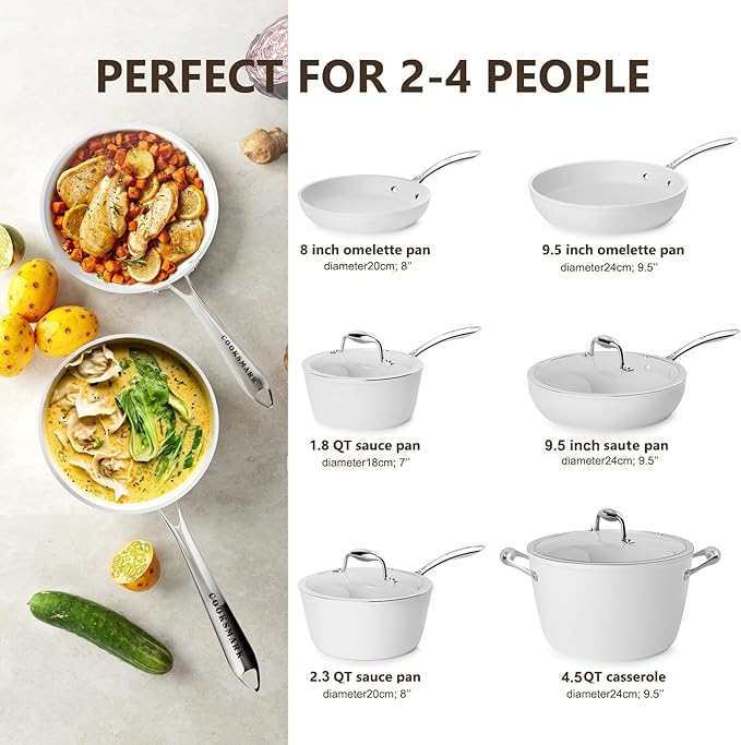 COOKSMARK Nonstick Ceramic Cookware Set Induction &amp Dishwasher Safe Scratch-Resistant Pots and Pans Set with Glass Lids 10 Pieces White