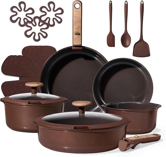 CAROTE 19PCS Ceramic Nonstick Cookware Set Pots and Pans Set with Detachable Handle PFAS-Free Non-Toxic Induction &amp Oven Safe Stackable Space-Saving Dark Choco