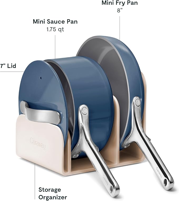 Caraway Mini Cookware Set - Non-Stick Ceramic Fry Pan (1.05 qt 8) Sauce Pan (1.75 qt) &amp Storage Rack - Non Toxic PTFE &amp PFOA Free - Oven Safe &amp Stovetop Agnostic (Gas Electric &amp In