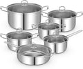 Giantex 12-Pcs Pots and Pans Set Non Stick Non-toxic Kitchen Set w/Tempered Glass Lids &amp Stay-Cool Handles Induction RV Cooking Set Stainless Steel Cookware Set Compatible with All Cooktops