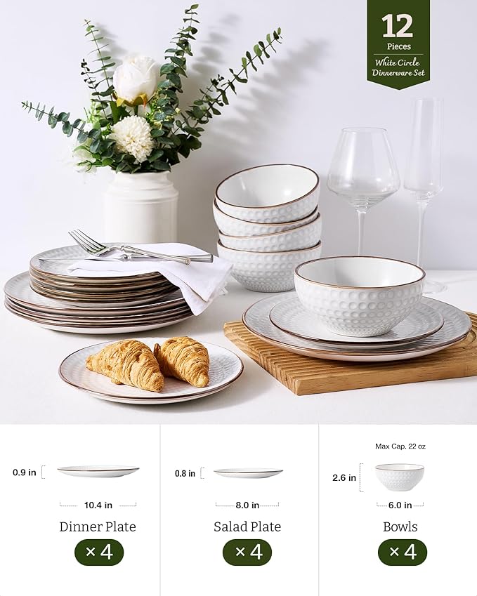 Famiware Eden Plates and Bowls Sets Stoneware Dinnerware Sets with Gold Trim 12 Pieces Dishes Set for 4 - Chip and Scratch Resistant Microwave and Dishwasher Safe White Circle