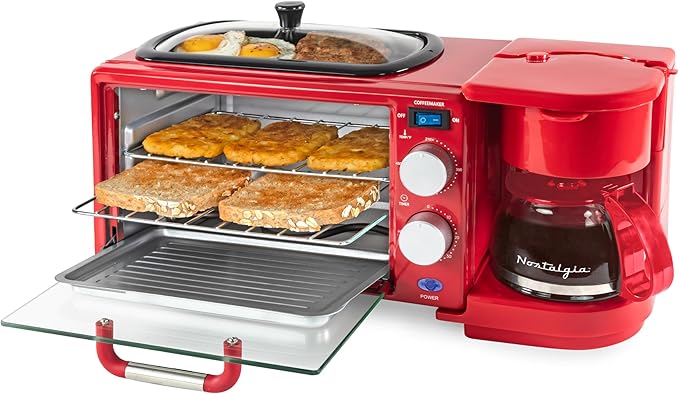 Nostalgia 3-in-1 Retro Breakfast Station - Includes 5 Cup Coffee Maker Non-Stick Ceramic Griddle and 4-Slice Toaster Oven - Built-In Timer Reusable Coffee Filter Space-Saving Design - Red