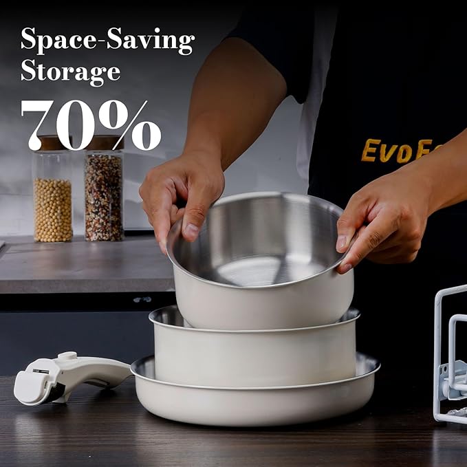 14 pcs Stainless Steel Cookware Set Detachable Pots and Pans Set with Removable Handle Non Toxic Space Saving RV Camping Cookware Set Induction Cookware Dishwasher &amp Oven Safe