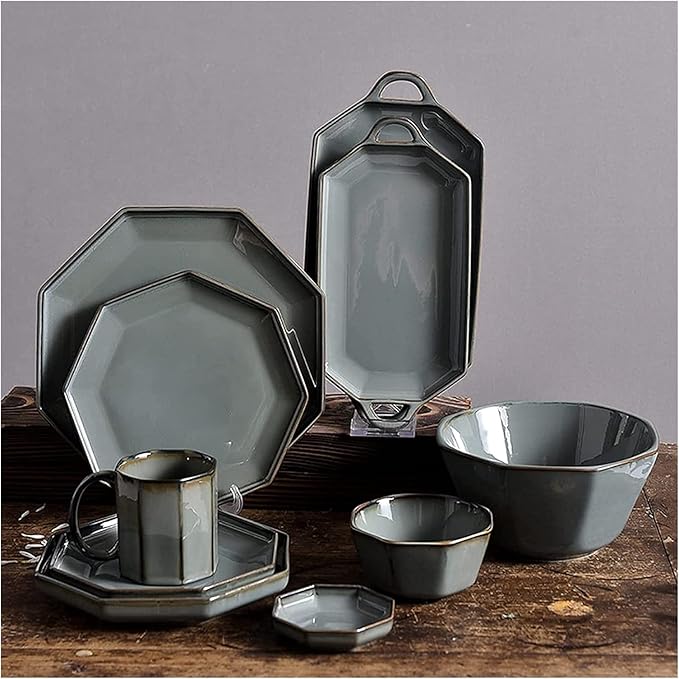 Dinner Set for Luxury Restaurant and Home 28-Piece Porcelain Dinnerware Set Retro Modern Dinner Table Service Include Plates and Soup Bowl