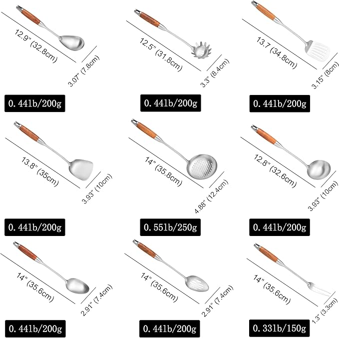 Stainless Steel Kitchen Utensils 12.5-14 Wooden Handle Metal Cooking Utensils Set 9 PCS Solid and Slotted Spoon Fork Spatula Ladle Skimmer Slotted Tunner Spaghetti Large Spoon