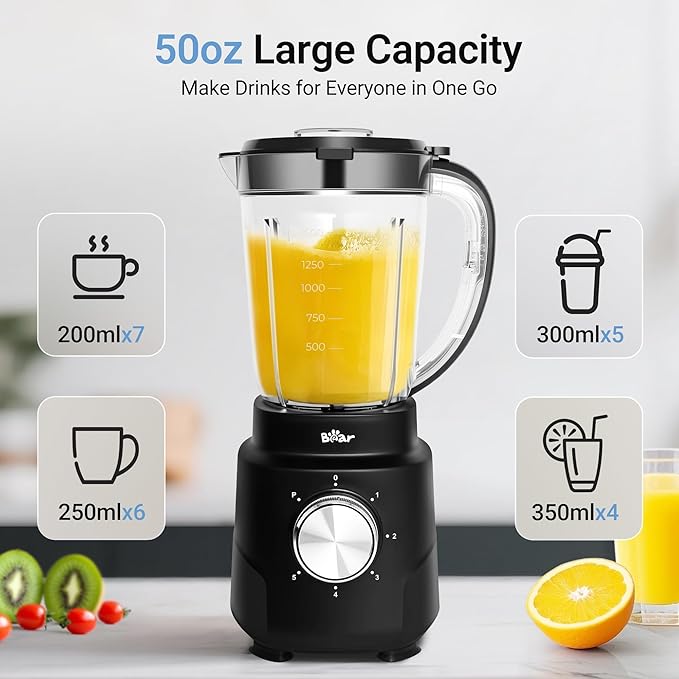 Bear 800W 6-Speed Blender Smoothie Blender for Kitchen with 50oz(1.5L) BPA-Free Cup/Suction Feet/Feeding Hole/10 blades Countertop Blender for Smoothies Crush Ice Frozen Fruit Juice and Puree