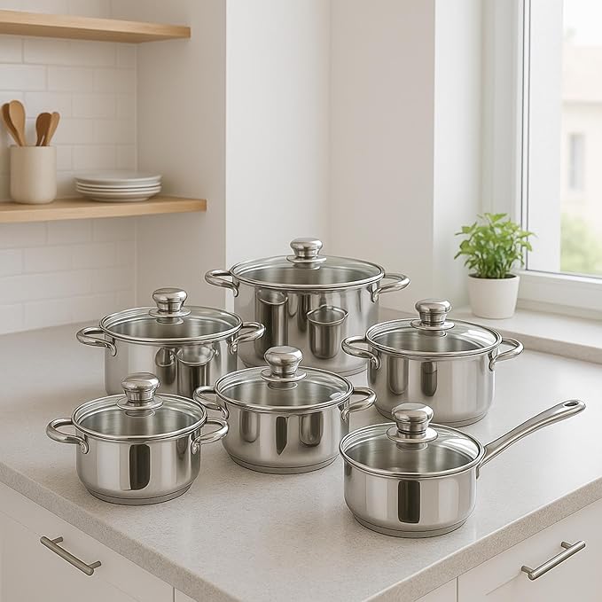 Well Home Cookware Set 12 Pieces Stainless Steel + 3 Pans Diameter 16 x 20 x 24 cm Metallic Copper Made of Pressed Aluminium