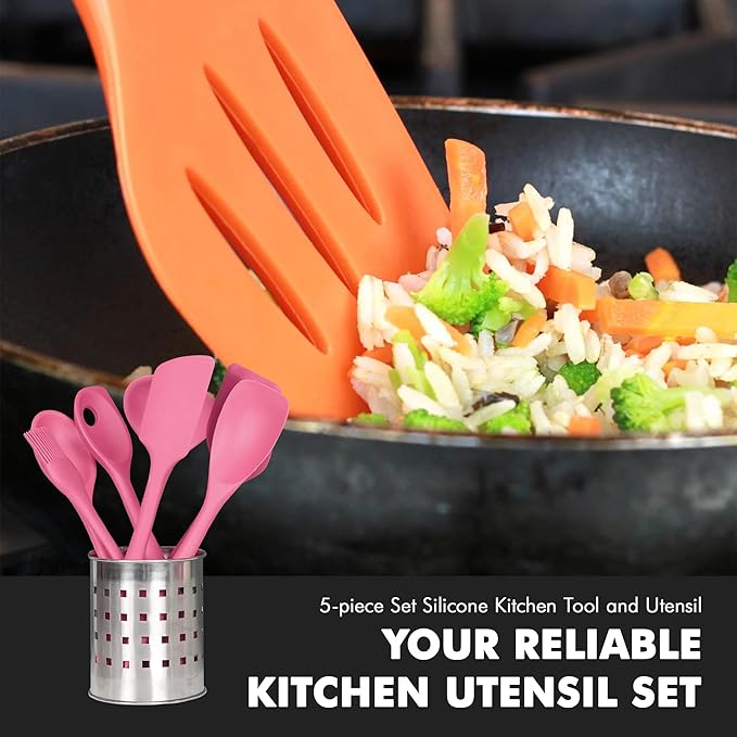 Chef Craft - Premium Silicone Kitchen Tools and Utensils Set Non-Scratch Withstands Temperatures up to 450°F BPA-Free 5 Piece Cooking Utensils Set Pink