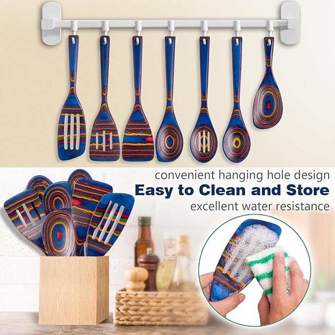 Wooden Spoons for Cooking Pakkawood Kitchen Utensil Set Spectrum Color Premium Durable Wooden Utensils for Nonstick Cookware Heat Resistant Smooth Finish Comfortable Grip 7 Piece