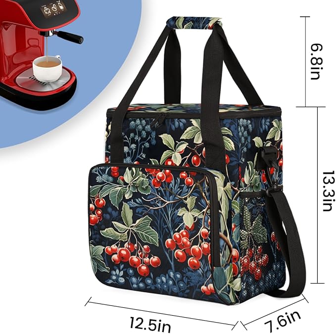 Christmas Holly Leaves Coffee Maker Carrying Bag Watercolor Holly Travel Storage Bag Compatible with K-Mini or K-Mini Plus Single Serve Coffee Brewer Carrying Case with Pockets &amp Shoulder Strap