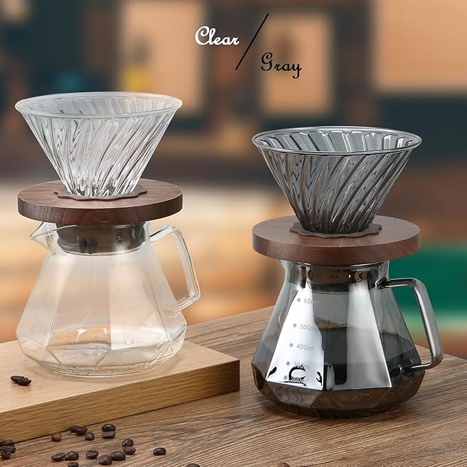 Pour Over Coffee Maker 20 oz Borosilicate Glass Carafe with 100 pcs Paper Filter Walnut Handle &amp Glass Lid Drip Coffee Maker for Home Café Restaurant Camping 600 ml Gray