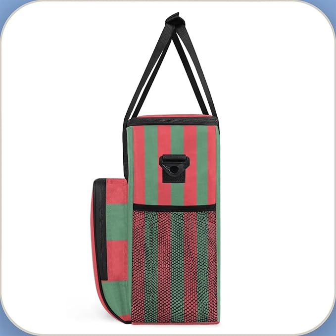 Red and Green Stripes Travel Coffee Maker Carrying Bag Large Organizer Storage Tote Bag Insulated Reusable Cooler Grocery Bags