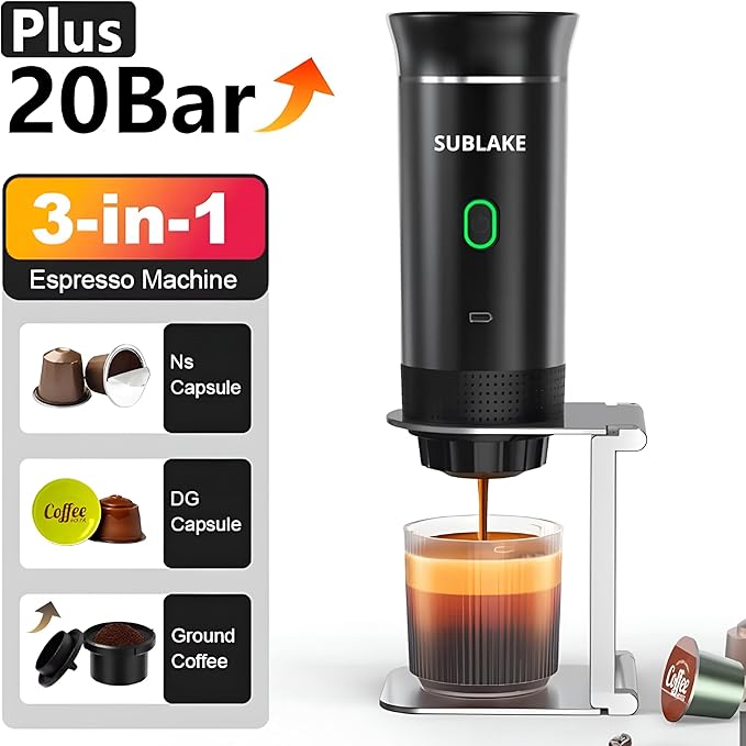 Portable Espresso Maker – Self-Heating USB-C Rechargeable Travel Coffee Maker for Car Camping Office Hiking portable coffee maker With Ground Coffee &amp NS Capsule (Black)