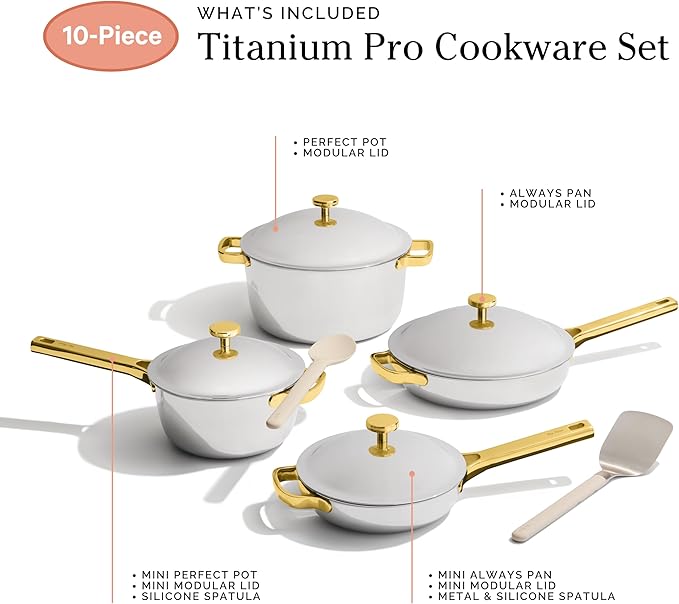 Our Place Titanium Pro Cookware Set | 10-Piece Pots and Pans Set with Always Pan Pro Perfect Pot Pro &amp Minis | Non-Toxic No-Coating Nonstick | Induction &amp Oven-Safe up to 750°F | Gold