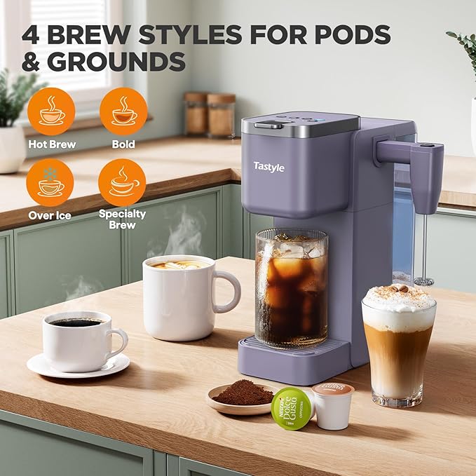 Single Serve Coffee Maker with Built-in Detachable Milk Frother Iced and Hot Coffee Machine for K Cup &amp Grounds 40oz Removable Water Reservoir 6 Cup Sizes Fits 7.3 Travel Mug Purple