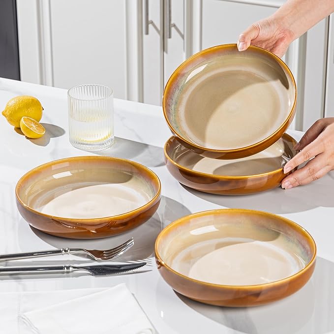 LERATIO Ceramic Dinnerware Sets for 8Stoneware Plates and Bowls SetsHandmade Reactive Glaze Dishes SetChip Resistant and Scratch Resistant | Oven&ampDishwasher &amp Microwave Safe-Kahki (28PCS)