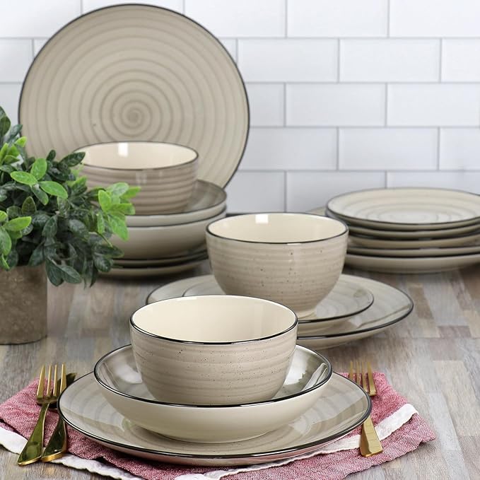 24-Piece Stoneware Dinnerware Set – Round Two-Tone Hand-Painted Dishes with Swirl Design Service for 6 Microwave &amp Dishwasher Safe Tableware (Cream)