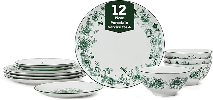 Stone Lain Esme 12-Piece Dinnerware Set Porcelain Plates and Bowls Set Dish Set for 4 Microwave and Dishwasher Safe Green