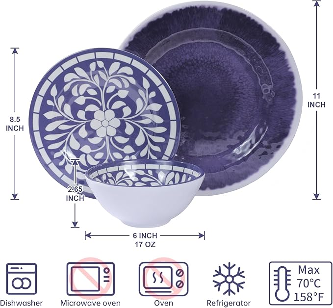 Melamine Dinnerware Set 12 Pieces Plates and Bowls Set Unbreakable Dish SetLightweightCampingDishwasher SafeService for 4 Blue-purple