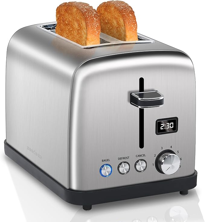 SEEDEEM Toaster 2 Slice LCD Display 7 Shade Settings 1.4'' Wide Slots Stainless Steel Digital Toaster for Bagel Defrost Reheat Removable Crumb Tray 900W Silver Metallic