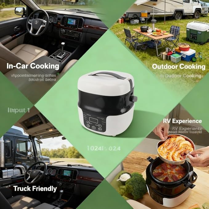 Mini Rice Cooker Electric 2L Nonstick Pot 7 Stage Heat Control 12V 24V for Car Use - Slow Cooking Technology Safe Operation Ideal for Travel and Camping