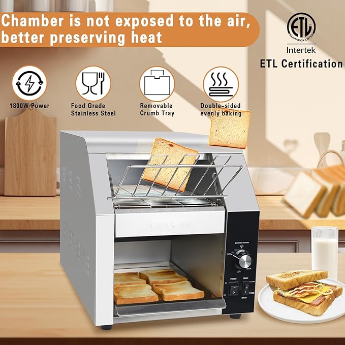 Hakka Commercial Conveyor Toaster 450 Slices/Hour Heavy Duty Conveyor Toaster Stainless Steel Toaster Oven Electric Restaurant Toaster with 3 Opening for Toast Bun Bagel Bread-120V1800W