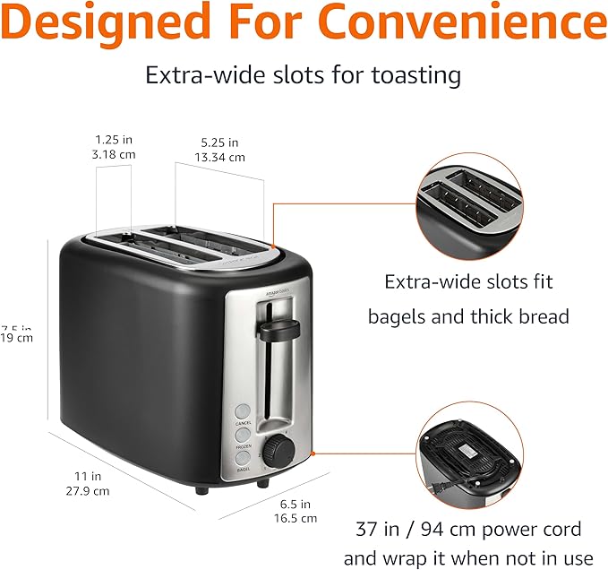 Amazon Basics 2 Slice Toaster Extra Wide Slots for Bagels 6 Browning Settings Removable Crumb Tray Defrost/Cancel/Bagel Buttons Cord Wrap 900W Black &amp Silver