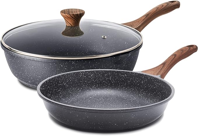 SENSARTE Nonstick Frying Pan Skillets Swiss Granite Coating Omelette Pans Healthy Cookware Free of Intentionally Added PFOA (9.5 Inch Frying Pan and 5QT Saute Pan)