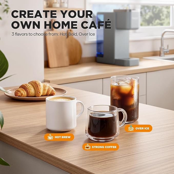 Single Serve Coffee Maker Iced and Hot Coffee Machine for K Cup &amp Grounds Compact Design 40oz Removable Water Reservoir 6 to 24 Oz Brew Sizes Fits 7.3 Travel Mug Gray